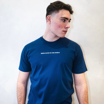 BRING FAITH TO THE WORLD TEE IN COBALT BLUE